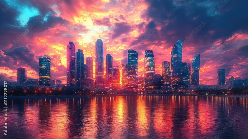 Fototapeta premium Vibrant sunset over a modern city skyline reflected in calm water. (1)