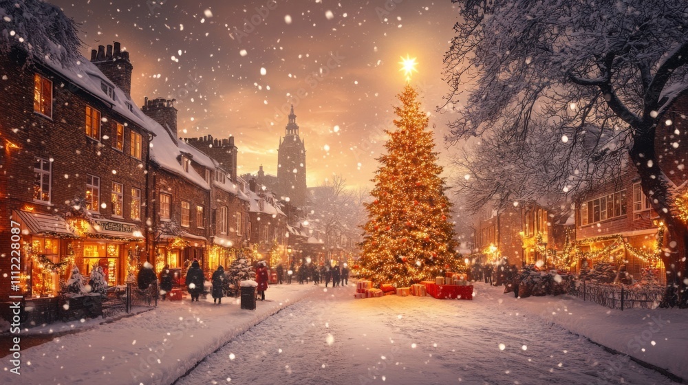 Charming Christmas tree in town center adorned with star, surrounded by snowy houses and joyful people celebrating. Warm light illuminates festive scene, vintage oil painting style with soft brush. Charming Christmas tree in town center adorned with star, surrounded by snowy houses and joyful people celebrating. Warm light illuminates festive scene, vintage oil painting style with soft brush.