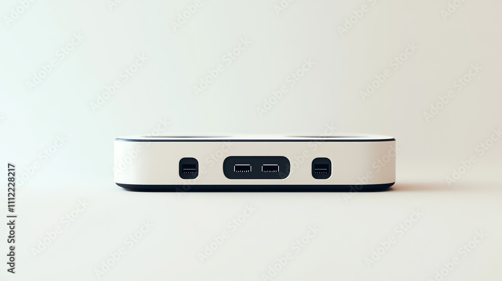A white device with black accents on a white surface. A white device with black accents on a white surface.