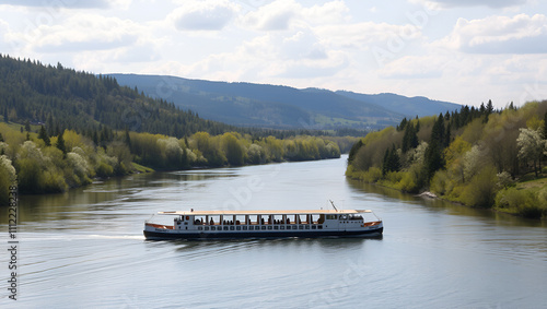 The large navigable river Oka in Russia in the spring on a sunny day, a beautiful river landscape with a floating barge. photo