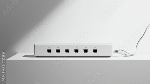 A white power strip with six outlets on a white table. photo