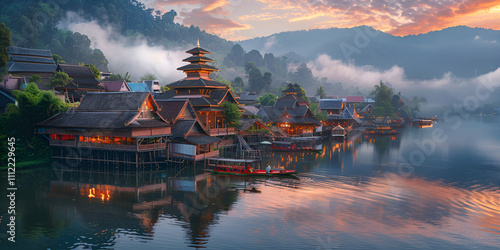 Traditional Asian village by a calm lake with fog and a colorful sunrise. photo