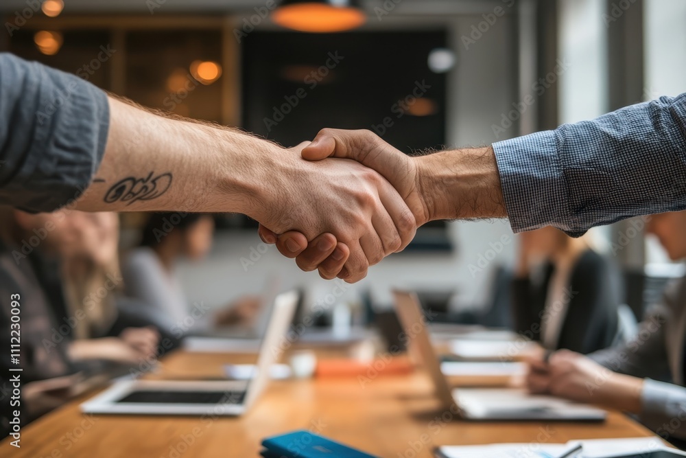Business professionals shaking hands during a successful negotiation in a modern office environment Business professionals shaking hands during a successful negotiation in a modern office environment