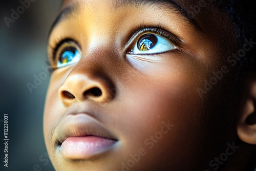 Close up of a young black child staring upwards with a look of awe and wonder, capturing the innocence and curiosity of childhood