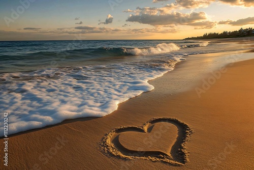 Fototapeta Naklejka Na Ścianę i Meble -  Heart shape drawn in the beach sand with ocean waves gently washing ashore at sunset