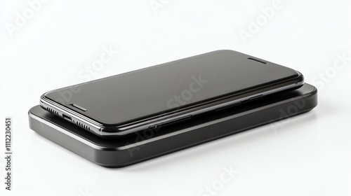 A black smartphone is charging on a wireless charger.