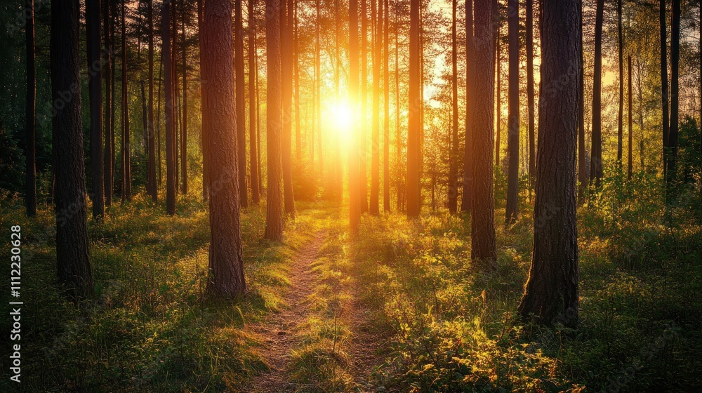 Fototapeta premium Sunset in a Pine Forest: A Serene Path Through Golden Light