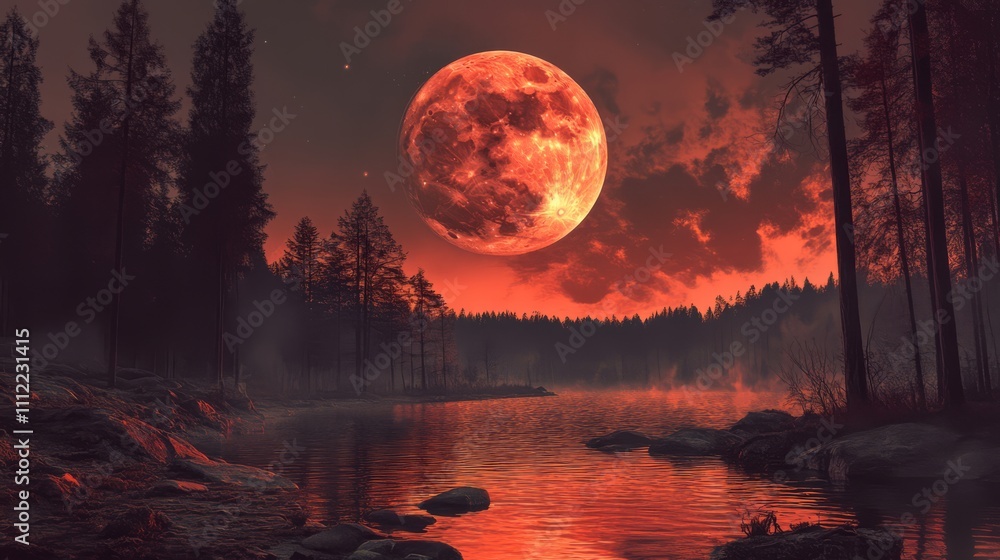 Blood moon rising over misty forest lake. Blood moon rising over misty forest lake.
