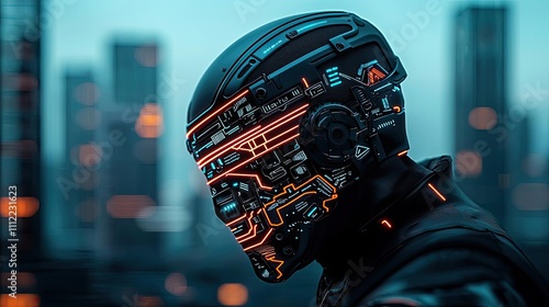 Futuristic robotic head with glowing circuits, blue urban background.