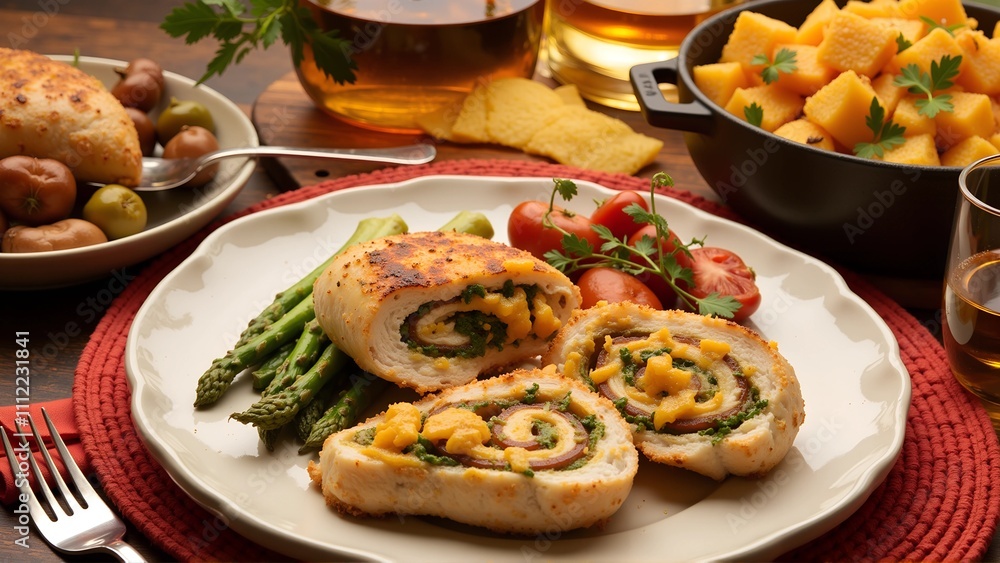 Rolled stuffed chicken breast with grilled vegetables on a platter. Rolled stuffed chicken breast with grilled vegetables on a platter.
