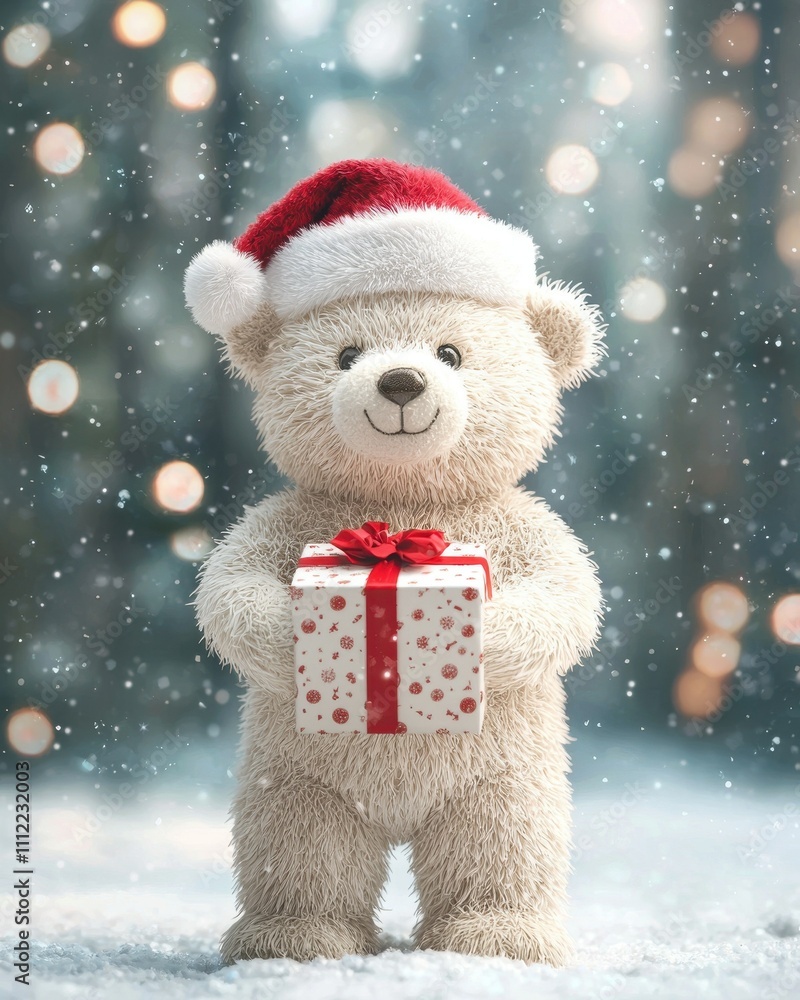 Cute Teddy Bear with Gift Christmas Winter Wonderland Snow Holiday Cute Teddy Bear with Gift Christmas Winter Wonderland Snow Holiday