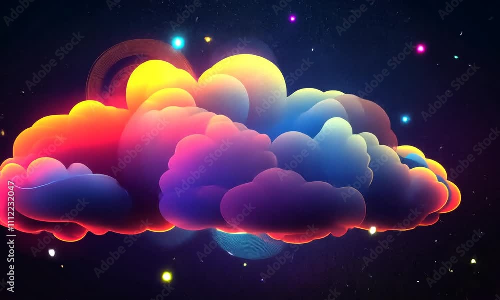 Glowing neon cloudscape with vibrant colors and sparkling particles in dark space. Glowing neon cloudscape with vibrant colors and sparkling particles in dark space.