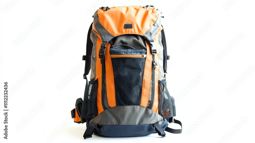 An orange and grey backpack with a black mesh pocket. An orange and grey backpack with a black mesh pocket.