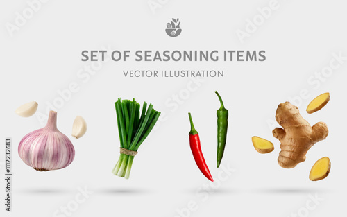 A Set of Healthy Seasoning Ingredients 3D Vector Items: Garlic, Scallions, Chili, Ginger