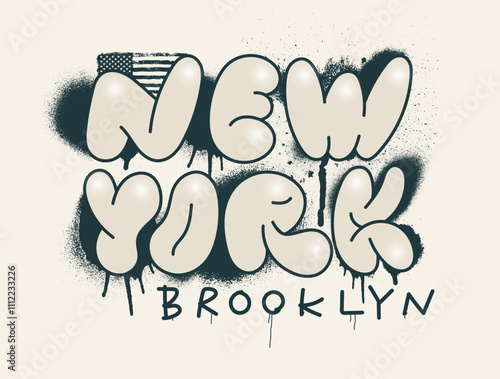 Retro typography and lettering varsity college united states of america slogan New York Brooklyn print with graffiti spray effect and american flag. Calligraphy for cloth, t-shirt, sweatshirt hoodie.