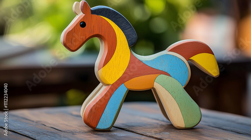 Playful wooden toy sculpture, hand-carved wooden horse photo