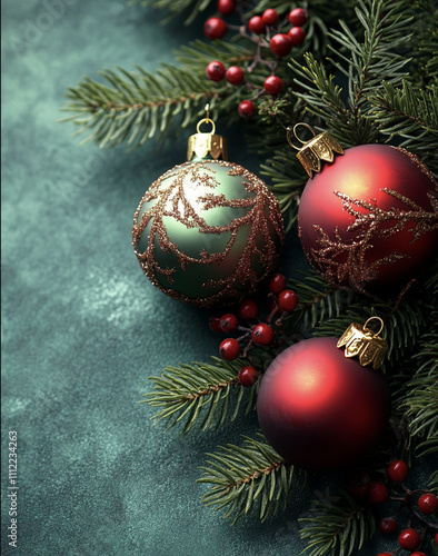 Christmas ornaments in red and green with gold glitter details on pine branches with red berries. Holiday and festive season concept. Flat lay composition. Design for greeting cards, posters, and bann photo