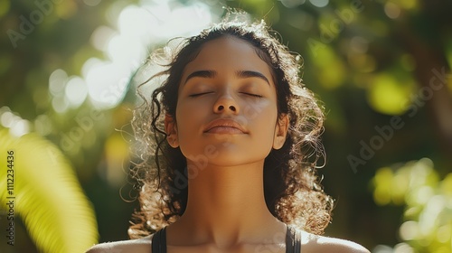 Fit sporty mindful young Hispanic woman meditating doing yoga breathing exercises with eyes closed feeling peace of mind, mental balance standing in green nature tropical park on sunny day photo