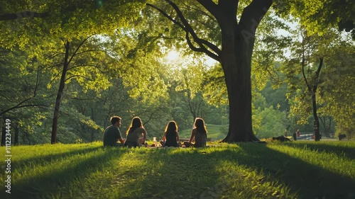 Group having picnic under a tree in park at sunset.