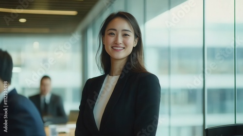 Free Download Businesswoman standing and smiling with colleagues at a table glass-walled office collaborative environment daytime natural light friendly and professional atmosphere - GFXLoad