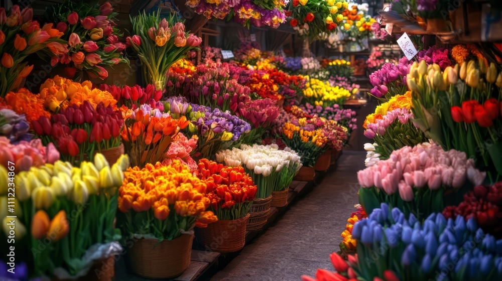 Fototapeta premium Colorful unsold flowers displayed in a flower shop, showcasing vibrant floral arrangements and market atmosphere