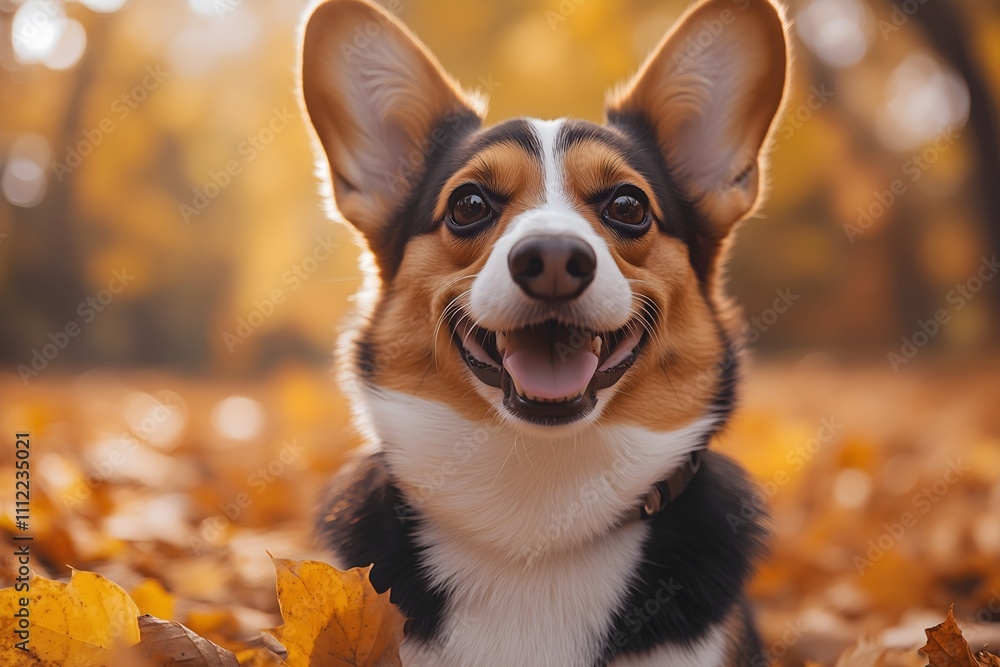 Happy corgi enjoys autumn in a park Happy corgi enjoys autumn in a park
