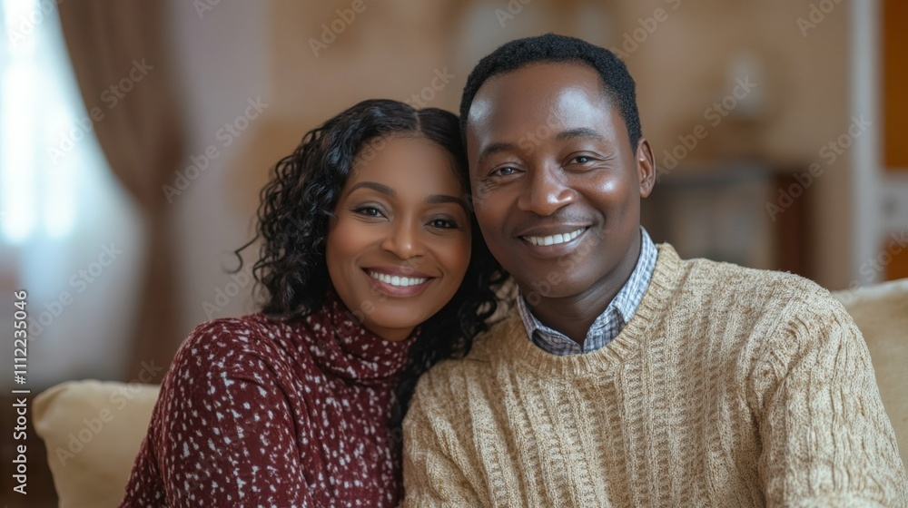 couple with African features sitting together smiling warmly home interior soft lighting cozy atmosphere couple with African features sitting together smiling warmly home interior soft lighting cozy atmosphere