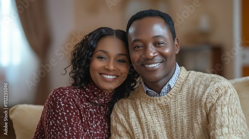 couple with African features sitting together smiling warmly home interior soft lighting cozy atmosphere