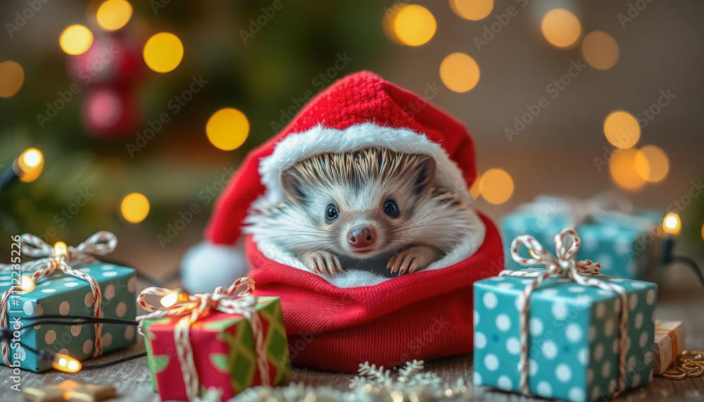 A hedgehog wearing a red and white Santa hat sits inside a red gift box with white paw prints. Surrounding it are wrapped Christmas presents, creating a festive and warm atmosphere. A hedgehog wearing a red and white Santa hat sits inside a red gift box with white paw prints. Surrounding it are wrapped Christmas presents, creating a festive and warm atmosphere.