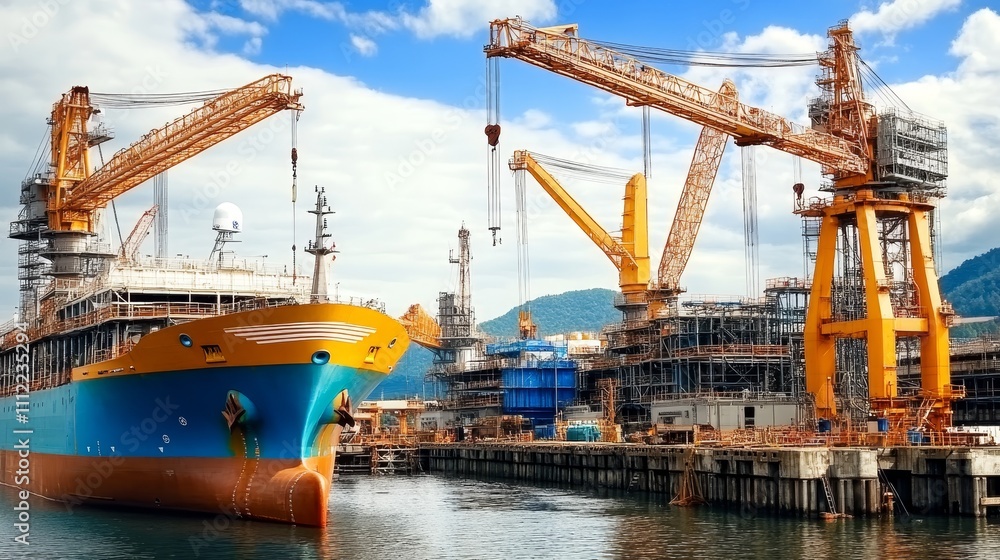 Fototapeta premium Large Ship Under Construction in Shipyard with Cranes, Staging, and Blue Sky Background