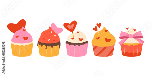 Set of 5 flat style Valentines Day cupcakes
