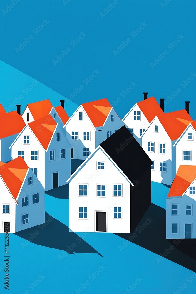 A blue and white poster of a row of houses with one house in the middle A blue and white poster of a row of houses with one house in the middle