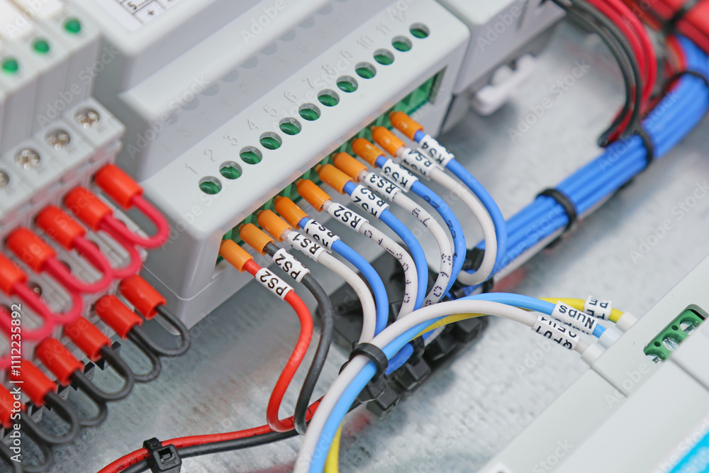Connection of electrical modules using insulated mounting wires. Close-up. Soft focus. Connection of electrical modules using insulated mounting wires. Close-up. Soft focus.