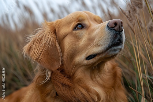 Golden retriever gazes thoughtfully among tall grass during a serene outdoor moment in nature