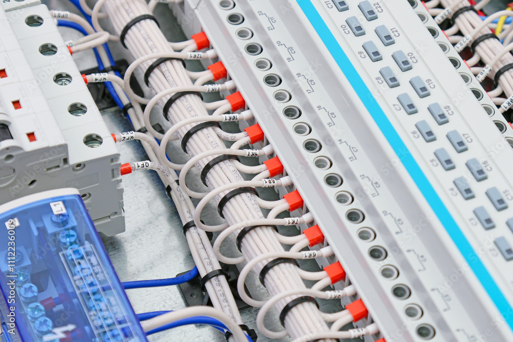 Connection of electrical modules using insulated mounting wires. Close-up. Soft focus. Connection of electrical modules using insulated mounting wires. Close-up. Soft focus.