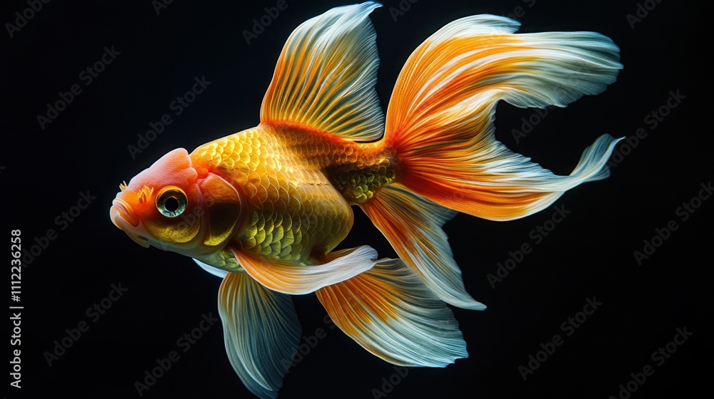 A majestic goldfish with flowing fins, gracefully swimming against a black backdrop A majestic goldfish with flowing fins, gracefully swimming against a black backdrop