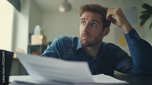 Frustrated businessman looking confused at document in office