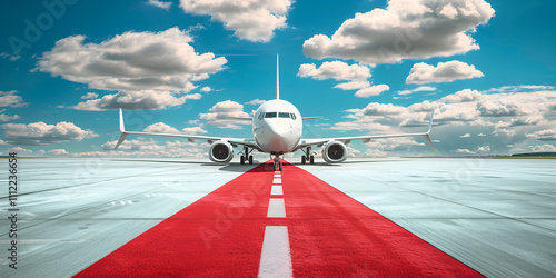 Wallpaper Mural Airplane at end of runway with red carpet under blue sky with clouds. Torontodigital.ca