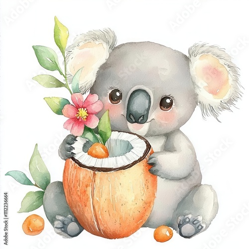 Watercolor illustration clipart of a cute koala holding a coconut drink with a flower garnish, Digital clipart watercolor aesthetic,  isolated on white background. photo