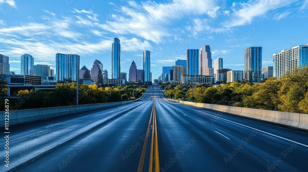 Empty highway leading towards modern city skyline under a bright blue sky. Empty highway leading towards modern city skyline under a bright blue sky.