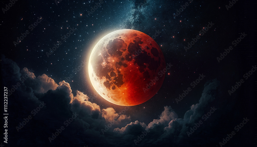 Vibrant blood moon glowing in a dramatic starry sky, surrounded by soft clouds Vibrant blood moon glowing in a dramatic starry sky, surrounded by soft clouds
