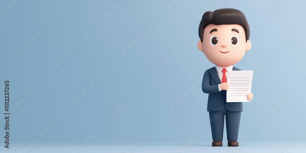 Obraz premium A cartoon businessman holding a document, symbolizing professionalism and success.