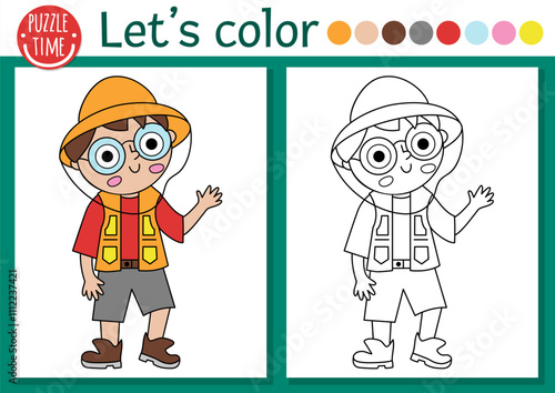 Dinosaur coloring page for children with paleontologist. Vector prehistoric outline illustration. Simple color book for kids with colored example. Drawing skills printable worksheet with archeologist