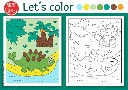 Dinosaur coloring page for children with brontosaur. Vector outline illustration with prehistoric landscape. Color book for kids with colored example. Drawing skills printable worksheet