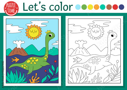Dinosaur coloring page for children with plesiosaur. Vector outline illustration with prehistoric landscape. Color book for kids with colored example. Drawing skills printable worksheet
