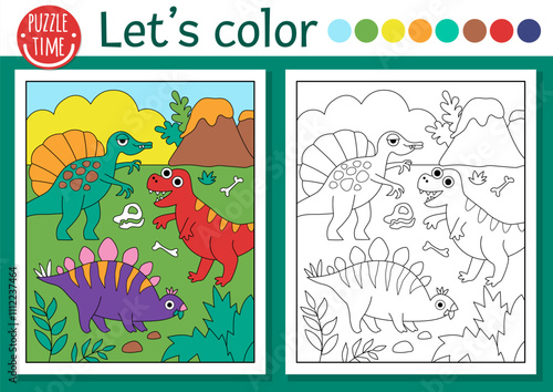 Coloring page for children with dinosaurs. Vector outline illustration with prehistoric landscape. Color book for kids with colored example. Drawing skills printable worksheet with t-rex, stegosaurus