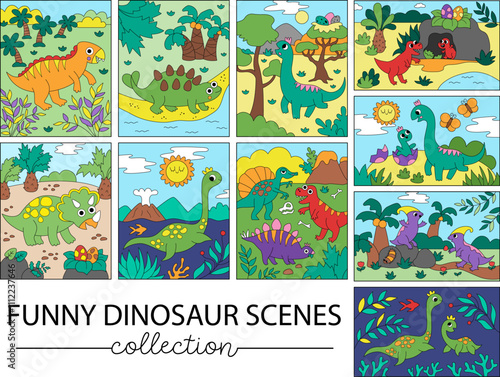 Vector dinosaur vertical and horizontal scenes collection Cartoon dino landscape illustration pack for kids. Cute prehistoric scenes set with Pterodactyl, Stegosaurus, Triceratops, T-Rex
