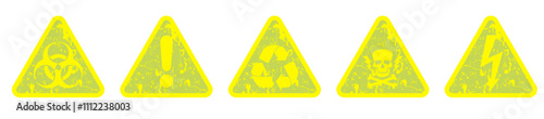 Warning sign. Set of aged triangular bright yellow warning signs.