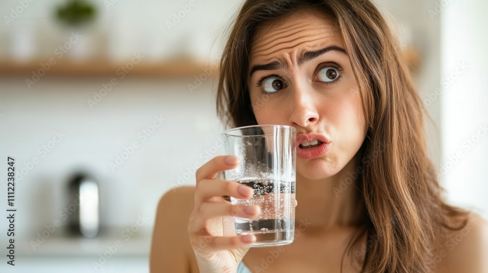 young woman holding a glass of water with a concerned look modern home kitchen natural daylight young woman holding a glass of water with a concerned look modern home kitchen natural daylight