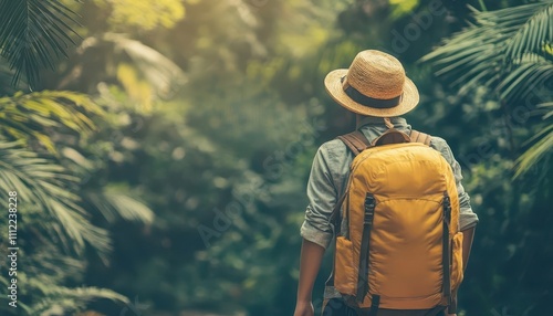 Traveler looking lost with blank speech bubble, perfect for adding a funny caption, travel meme, explorer vibes photo